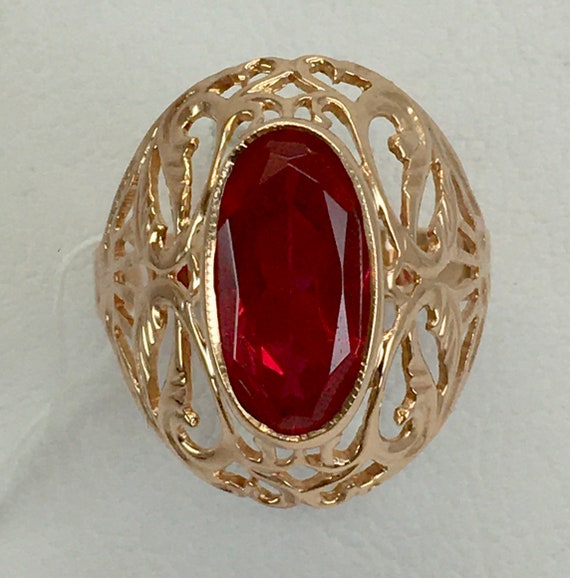 Vintage Original Solid Rose Gold Ring with Ruby 5… - image 3