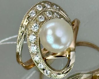 Vintage 14K 585 Rose Gold Pearl Ring with Cubic Zirconia, Size 6 1/2