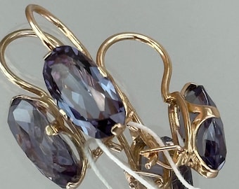 Vintage Original Solid Rose Gold Earrings with Alexandrite 583 14K, Rose Gold Alexandrite Earrings 583 14K, Rose Gold 583 14K, Star 583