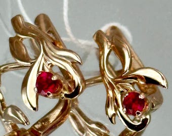 Vintage 14K 585 Rose Gold Ruby Earrings: 1990s Kyiv Jewelry