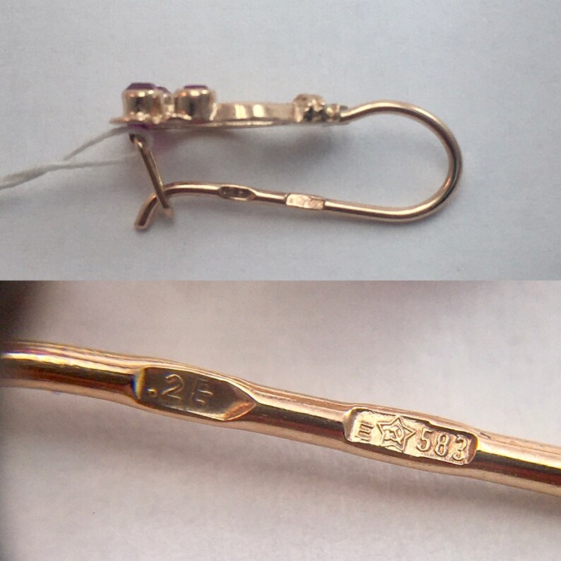 Solid Gold Earrings 583 Vintage Original Soviet Gold Earrings with Ruby 583 Solid Gold 14 KT made in USSR 14 KT Ruby Rose Gold Earrings