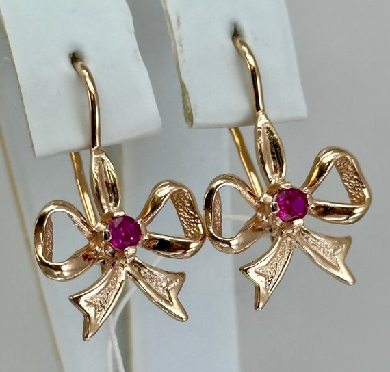 Vintage Original Solid Rose Gold Earrings with Ru… - image 2