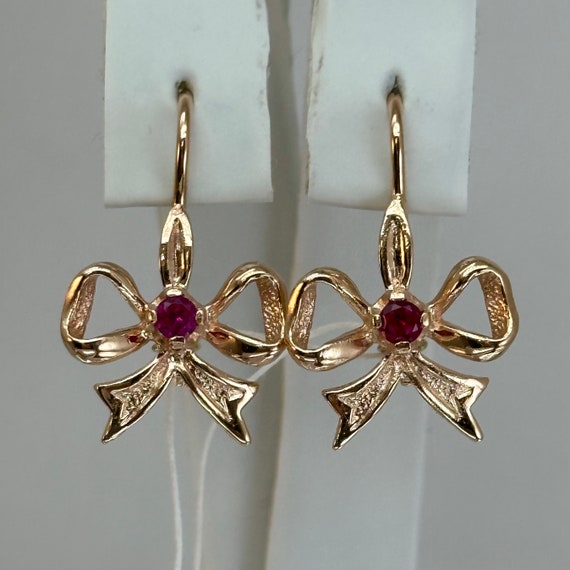 Vintage Original Solid Rose Gold Earrings with Ru… - image 3