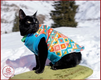 Warm cat aztec fleece sweater, cat warm vest with indian pattern, winter clothes for cat, double fleece sweater for cat
