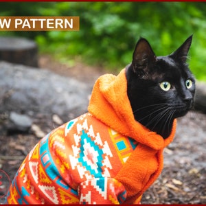 Warm cat fleece sweater, cat hoodie with aztec pattern, cat winter clothes image 1