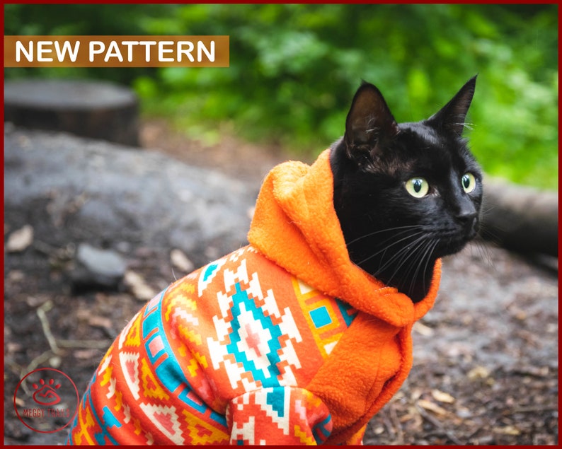 Warm cat fleece sweater, cat hoodie with aztec pattern, cat winter clothes image 1