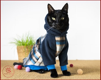 Warm CAT fleece HOODIE, checked fleece cat hoodie, sweater for cat with tartar pattern, warm cat sweater