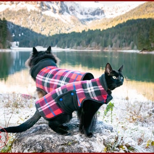 Cat fleece jacket, warm cat coat, plaid pattern jacket for cat, warm cat jacket