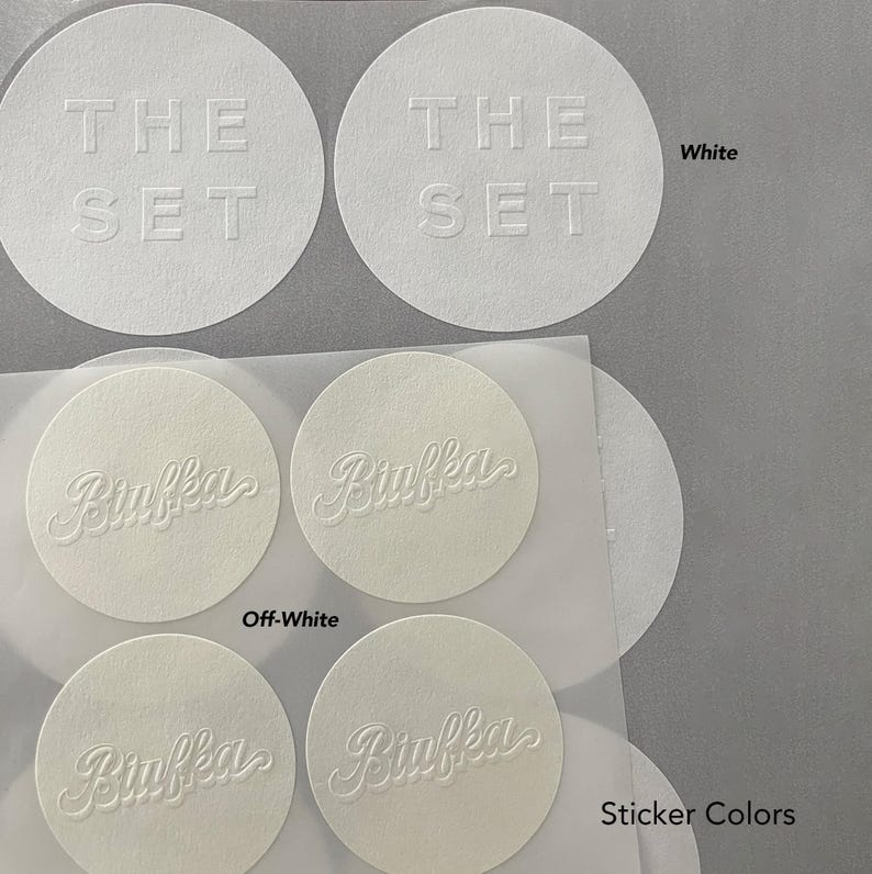 Puede incluir: Pegatinas circulares blancas y blanquecinas. Las pegatinas blancas tienen el texto "THE SET" en relieve. Las pegatinas blanquecinas tienen el nombre "Biaffka" en relieve. Tambi&eacute;n es visible el texto "Sticker Colors".
