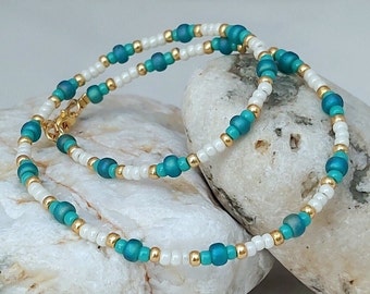 Turquoise Ivory Gold Seed Bead Necklace - Handmade Sea Green Turquoise Seed Bead Jewellery - Made in Cornwall - Cornish Jewellery