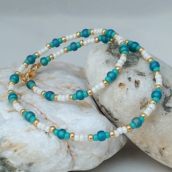 Turquoise Ivory Gold Seed Bead Necklace - Handmade Sea Green Turquoise Seed Bead Jewellery - Made in Cornwall - Cornish Jewellery