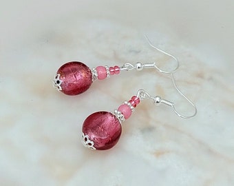 Rose Pink Earrings - Dainty Rose Pink Glass Earrings - Pink Lamp work Coin Earrings Jewellery - Made in Cornwall - Cornish Jewellery