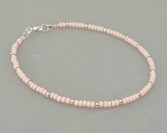 Pink Seed Bead Anklet - Baby Pink Bead Anklet Jewellery - Handmade Pink Beach Anklet Jewellery - Made in Cornwall - Cornish Jewellery