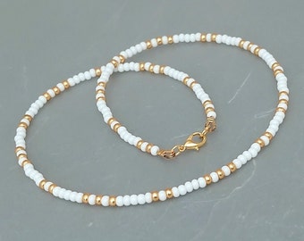 White Seed Bead Necklace - Handmade White Gold / Silver Bead Jewellery - White Beach Necklace - Made in Cornwall - Cornish Jewellery