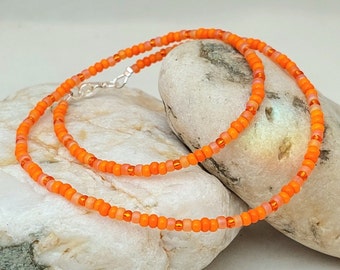 Bright Orange Bead Necklace - Bright Orange Seed Bead Necklace Choker Jewellery - Orange Necklace - Made in Cornwall - Cornish Jewellery
