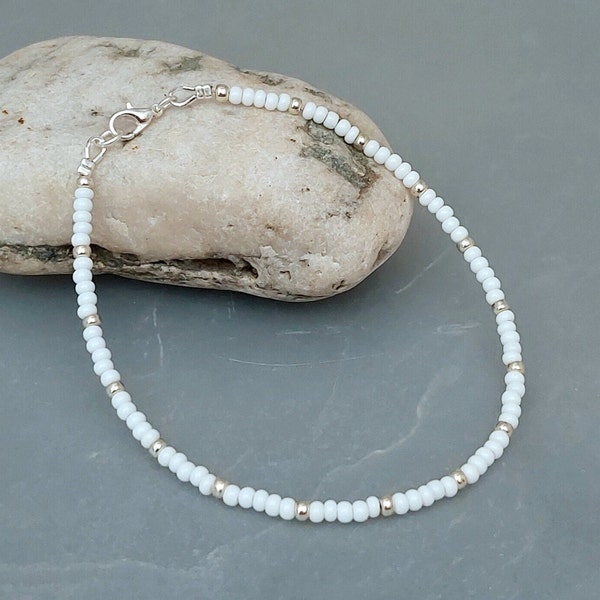 White Seed Bead Anklet - White Beach Anklet - White Surf Anklet - White Bridal Anklet - Made in Cornwall - Cornish Jewellery