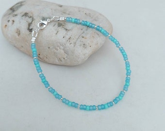Sea Blue Bead Bracelet - Handmade Sea Blue Glass Seed Bead Jewellery - Sea Blue Surf Bracelet - Made in Cornwall - Cornish Jewellery