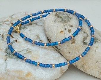 Blue Seed Bead Necklace - Handmade Capri Blue Bead Jewellery - Blue Gold or Silver Surf Necklace - Made in Cornwall - Cornish Jewellery