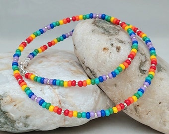 Rainbow Necklace - Rainbow Seed Bead Necklace - Rainbow Choker - Rainbow Jewellery - Made in Cornwall - Cornish Jewellery