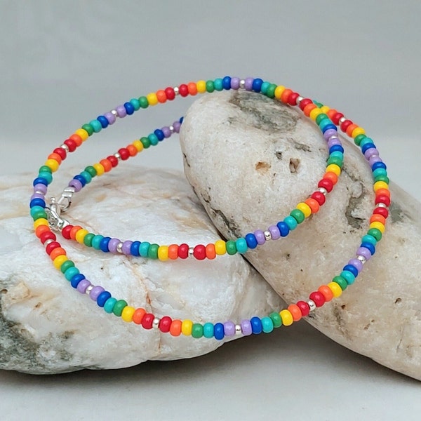 Rainbow Necklace - Rainbow Seed Bead Necklace - Rainbow Choker - Rainbow Jewellery - Made in Cornwall - Cornish Jewellery