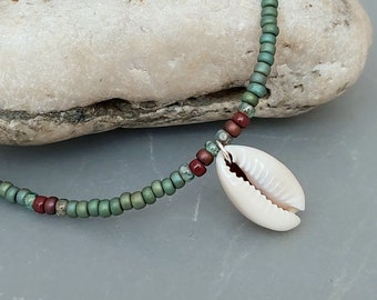 Cowrie Shell Beach Necklace - Sage Green Shell Bead Necklace Jewellery - Green Shell Beach Necklace - Made in Cornwall - Cornish Jewellery