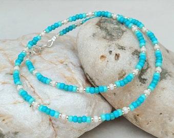Seafoam Blue Bead Necklace - Handmade Turquoise Blue Glass Seed Bead Jewellery - Beach Surf Necklace - Made in Cornwall - Cornish Jewellery