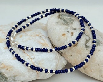 Navy Blue Bead Necklace - Handmade Navy Blue Gold / Silver Seed Bead Necklace Jewellery - Made in Cornwall - Cornish Jewellery