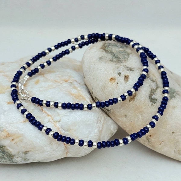 Navy Blue Bead Necklace - Handmade Navy Blue Gold / Silver Seed Bead Necklace Jewellery - Made in Cornwall - Cornish Jewellery