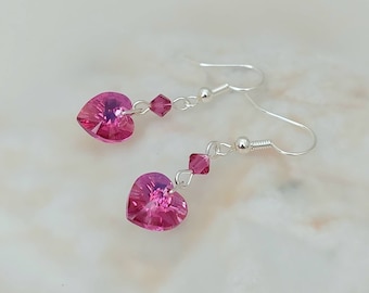 Pink Crystal Heart Earrings - Fuchsia Pink Earrings - Fuchsia Pink Crystal Heart Jewellery - Made in Cornwall - Cornish Jewellery