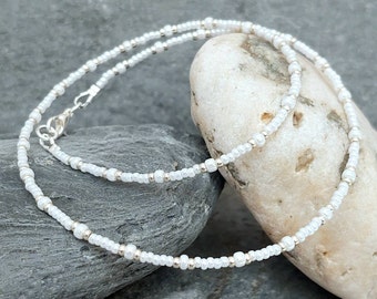 White Seed Bead Necklace - Handmade White Bead Jewellery - White Surf Necklace - Beach Jewellery - Made in Cornwall - Cornish Jewellery