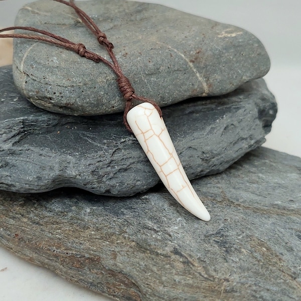 Howlite Sabre Tooth Pendant - Howlite Tusk Necklace - Natural Colour tooth tusk adjustable Pendant - Made in Cornwall - Cornish Jewellery