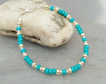 Turquoise Silver Bead Bracelet - Sea Bracelet - Beach Bracelet - Turquoise Bracelet - Made in Cornwall - Cornish Jewellery