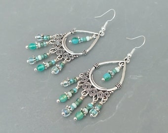 Sea Green Boho Earrings - Handmade Sea Green Chandelier Earrings - Sea Green Handmade Jewellery - Made in Cornwall - Cornish Jewellery