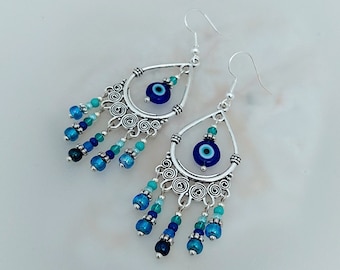 Evil Eye Chandelier Earrings - Evil Eye Handmade Earrings - Blue Evil Eye Handmade Jewellery - Hand made in Cornwall - Cornish Jewellery