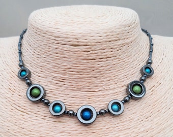 Hematite Sea Green Necklace - Handmade Hematite Green Blue Turquoise Reflective Necklace Jewellery - Made in Cornwall - Cornish Jewellery