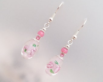 Ombre Pink with Silver Oval Czech Glass Earrings