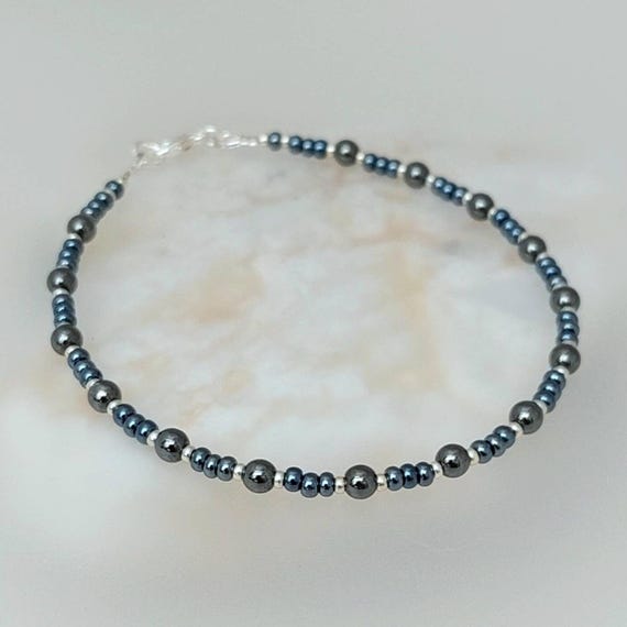 Hematite Bead Anklet Jewellery - Black Bead Anklet - Beach Anklet - Hematite Jewellery - Made in Cornwall - Cornish Jewellery