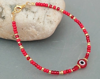 Red Evil Eye Bracelet - Red Evil Eye Seed Bead Bracelet - Red Seed Bead Beach Bracelet Jewellery - Made in Cornwall - Cornish Jewellery