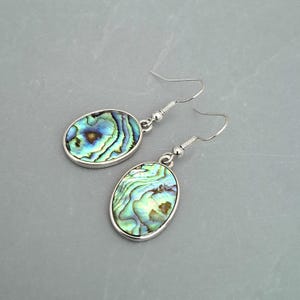 May include: A pair of oval drop earrings featuring iridescent abalone shell inserts. The earrings have a silver-coloured metal frame and ear wires. The abalone shell displays shades of blue, green, and brown, creating a unique, natural pattern.