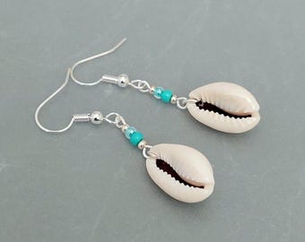 Cowrie Sea Shell Earrings - Turquoise Blue Sea Shell Earrings - Blue Cowrie Shell Jewellery - Made in Cornwall - Cornish Jewellery