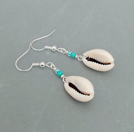 Cowrie Sea Shell Earrings - Turquoise Blue Sea Shell Earrings - Blue Cowrie Shell Jewellery - Made in Cornwall - Cornish Jewellery