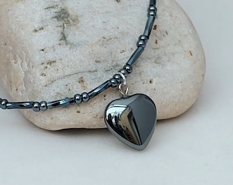 Hematite Heart Bead Necklace - Hematite Beaded Necklace Choker- Black Hematite Heart Necklace - Made in Cornwall - Cornish Jewellery