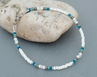 Sea Blue Seed Bead Bracelet - Handmade Sea Blue Glass Seed Bead Jewellery - Ocean Wave Surf Bracelet - Made in Cornwall - Cornish Jewellery