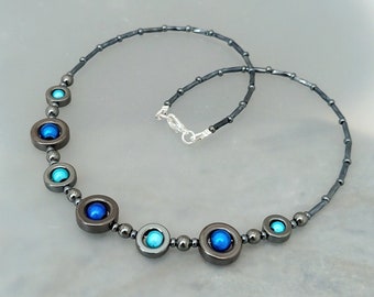 Hematite Sea Blue Necklace - Hematite Necklace - Hematite Blue and Turquoise Bead Jewellery -  Hand made in Cornwall - Cornish Jewellery