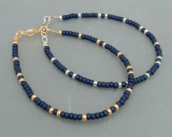 Dark Blue Bead Bracelet - Handmade Dark Blue Seed Bead Jewellery - Dark Blue Gold / Silver Bracelet - Made in Cornwall - Cornish Jewellery