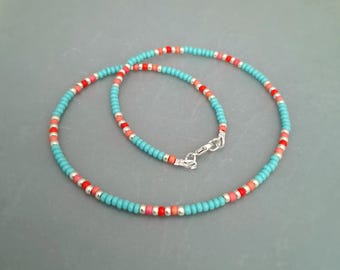 Collier de perles de corail turquoise - Or ou argent - Bijou artisanal style bohème chic - Fabriqué en Cornouailles