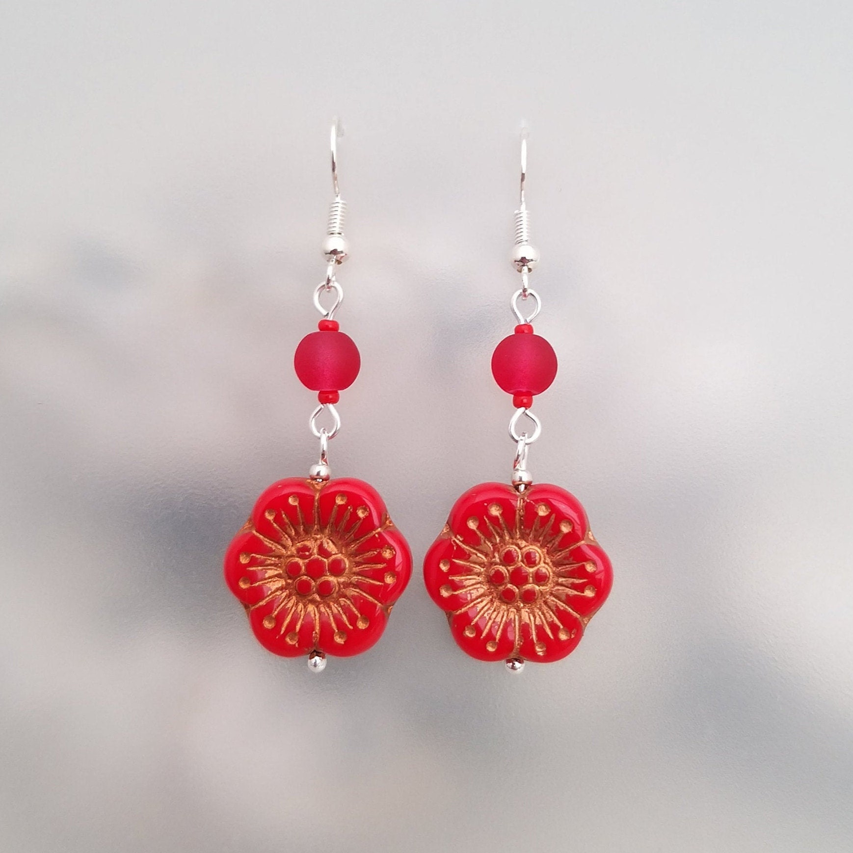 Red Flower Earrings Red Floral Earrings Jewellery Red Etsy UK