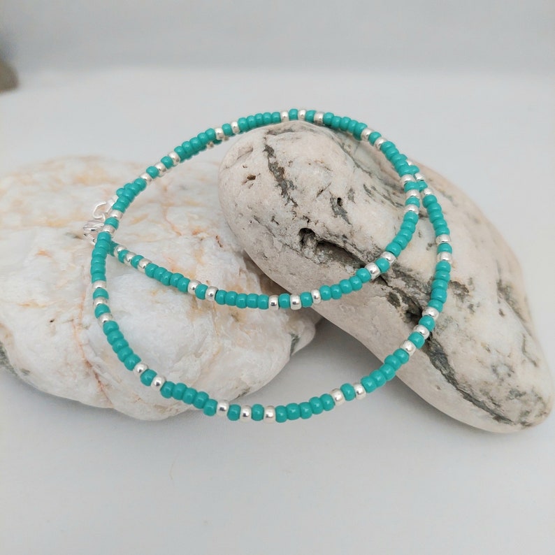 Turquoise Seed Bead Necklace - Handmade Turquoise Gold Silver Seed Bead Necklace Jewellery - Made in Cornwall - Cornish Jewellery image 9
