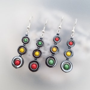 Hematite Rasta Earrings - Red Gold & Green Earrings - Rastafarian Earrings Jewellery - Afro Caribbean Earrings - Cornish Jewellery