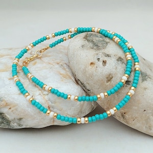 Turquoise Cream Seed Bead Necklace Gold or Silver - Handmade Cornish Jewellery - Made in Cornwall